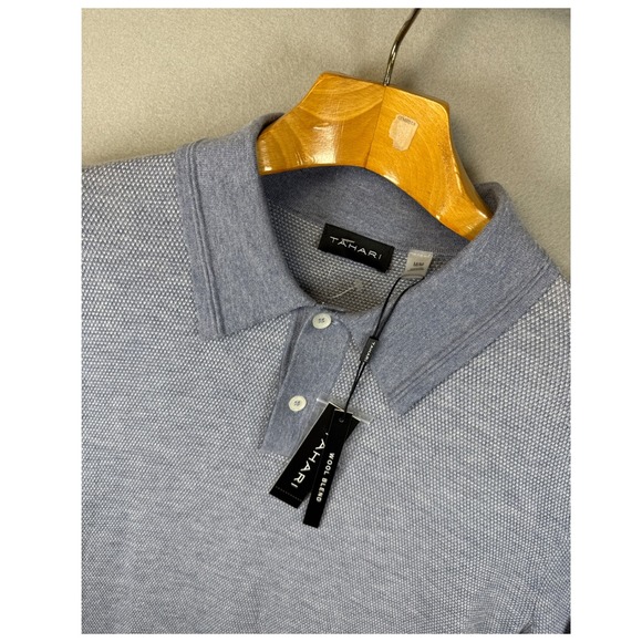 NWT Tahari Indigo Heather Wool Blend Textured Knit Polo Shirt Mens Size M Preppy - Picture 1 of 11